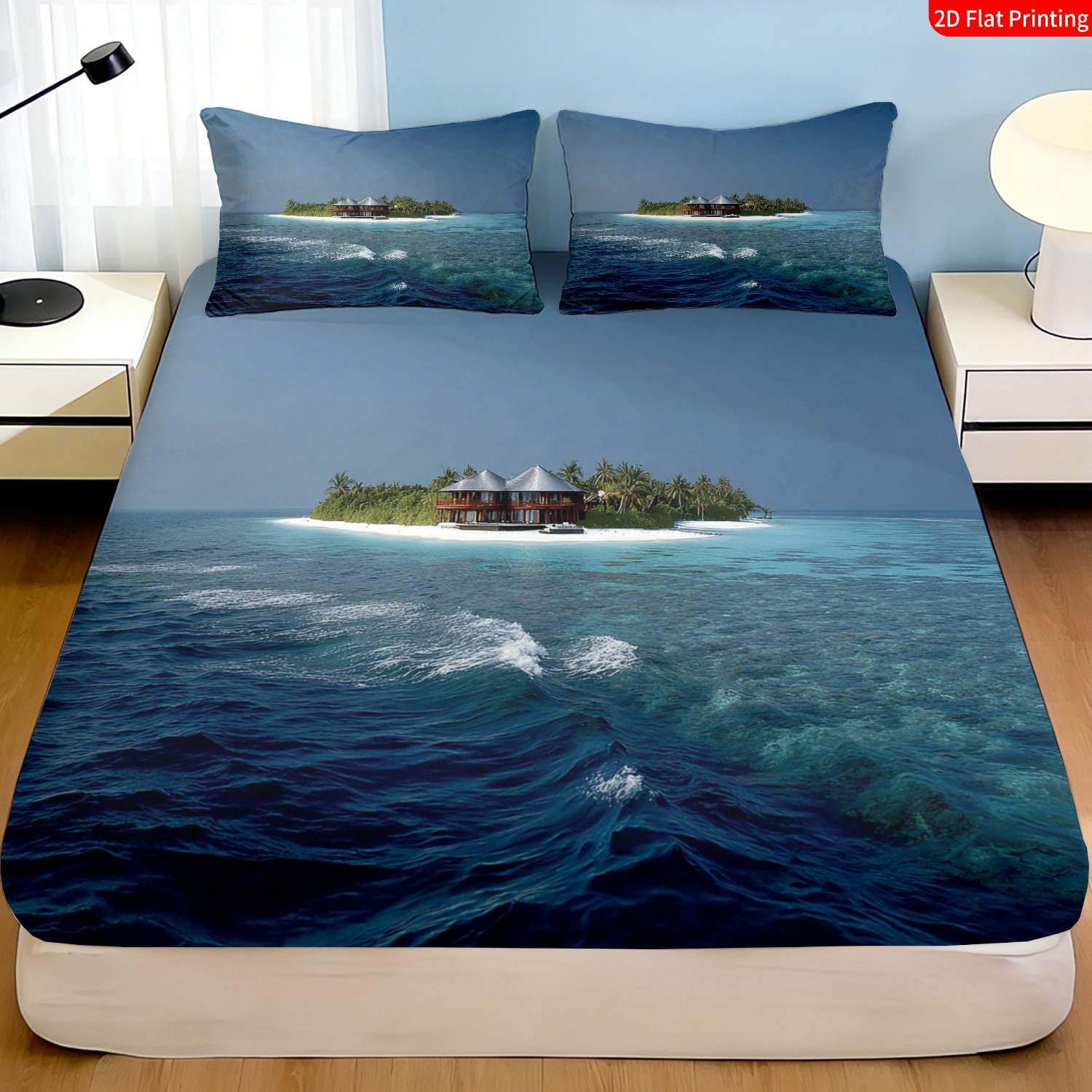 Fitted Bed Sheets Deep Pocket - Tropische eiland beddengoedset met palmboom- en