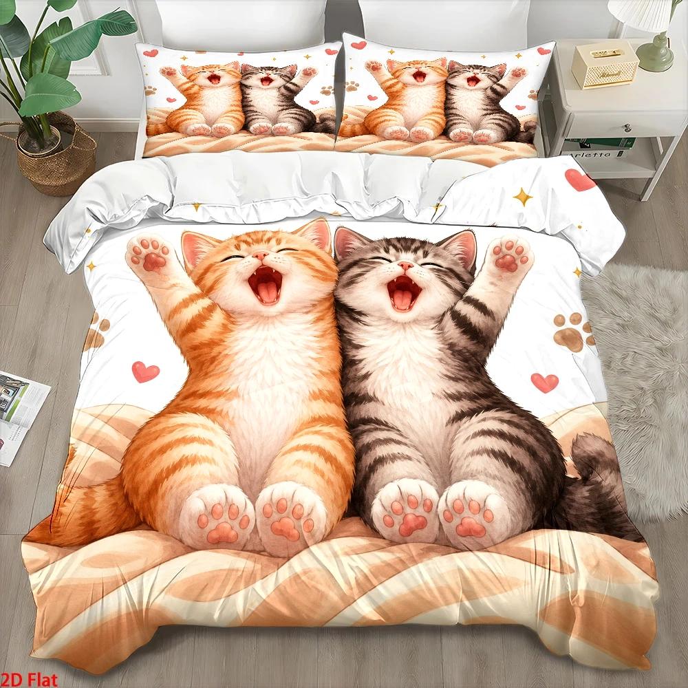 Duvet Cover Sets With Zipper - 3-delige dekbedovertrekset met schattige kattenprint, driedelige