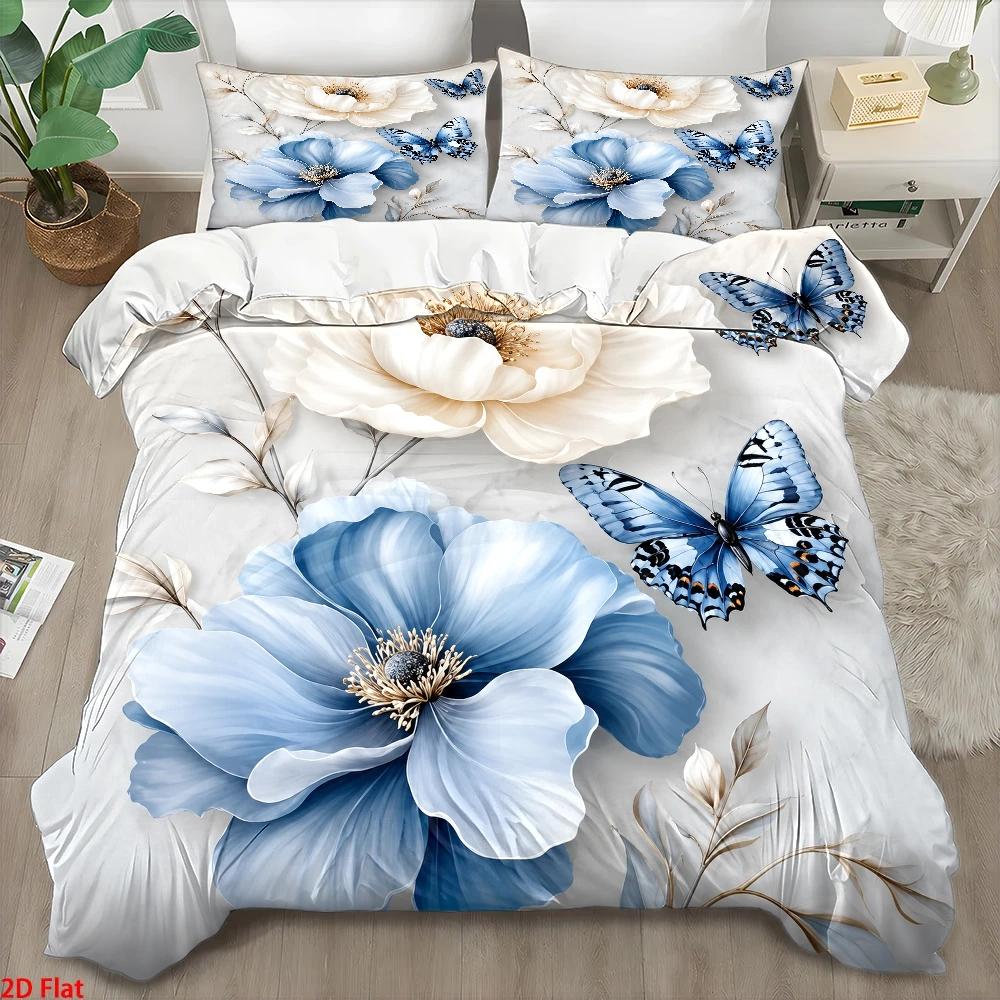 Duvet Cover Sets With Zipper - 3-delige luxe dekbedovertrekset met blauw-witte bloemen-