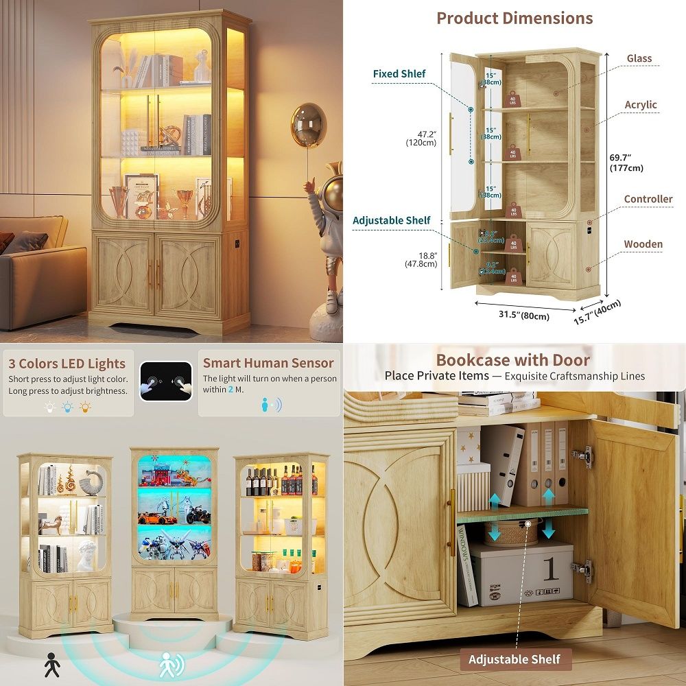 Storage & Organization - Vitrinekast met glazen deuren en opbergplank,
