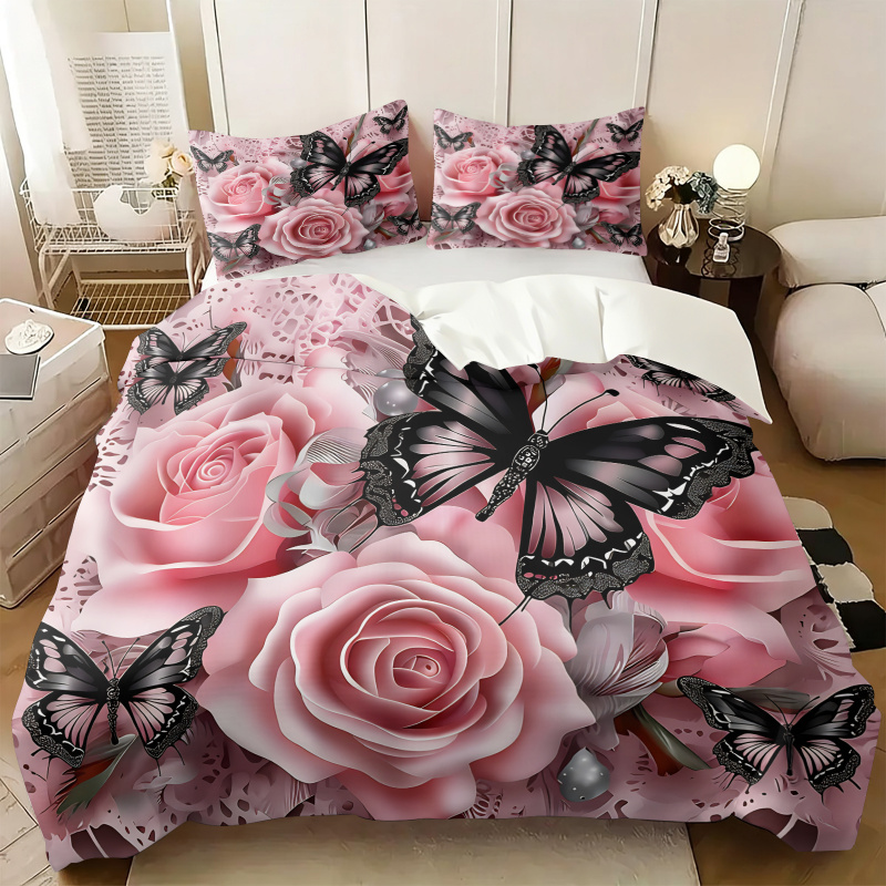Aesthetic Floral Duvet Cover - Roze roze zwarte vlinderprint dekbedovertrekset Kant