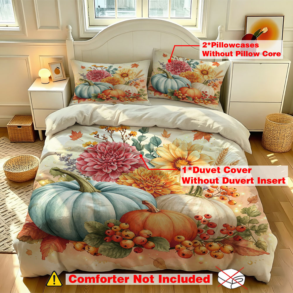 Aesthetic Floral Duvet Cover - Aquarel lichtblauwe pompoen zonnebloem bloemen 3-delige
