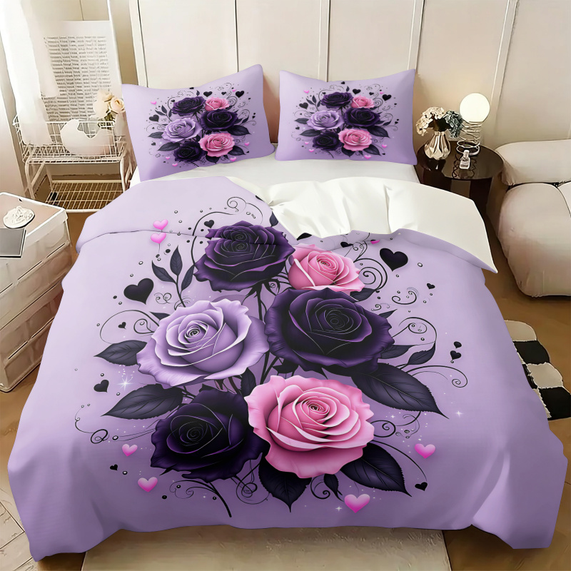 Aesthetic Floral Duvet Cover - Paars Zwart Roze Roos Hart Dekbedovertrekset